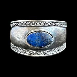 Vintage sterling silver lapis lazuli wide cuff bracelet